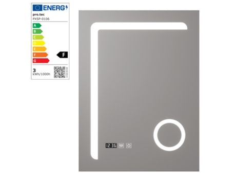 Espejo de pared con LED Chambave para baño IP65 antivaho reloj lupa 3X aluminio 70 x 50 x 3 cm Plateado PRO.TEC