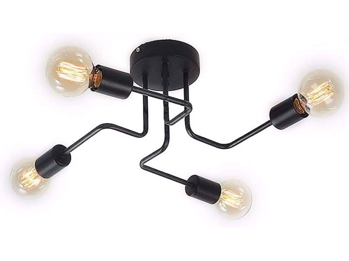 Luminária De Teto Industrial Em Metal: Soquete E27 Estilo Vintage — Preto (lâmpadas Não Inclusas) — Luminária Com 4 Focos