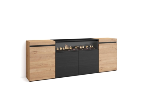 Aparadores para salón, 200x75x35cm, 4 Puertas, Chimenea eléctrica, Roble y negro