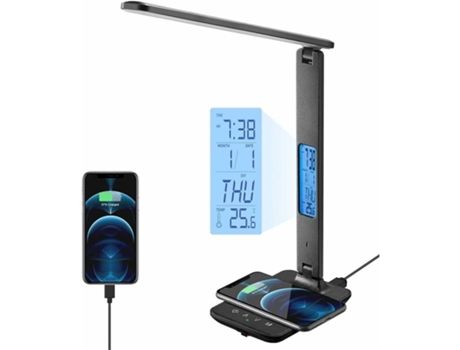 Lámpara de escritorio LED con reloj y soporte - Lámpara de estudio para leer, trabajar, cuidado de los ojos - Funciona con 3 modos de iluminación -...