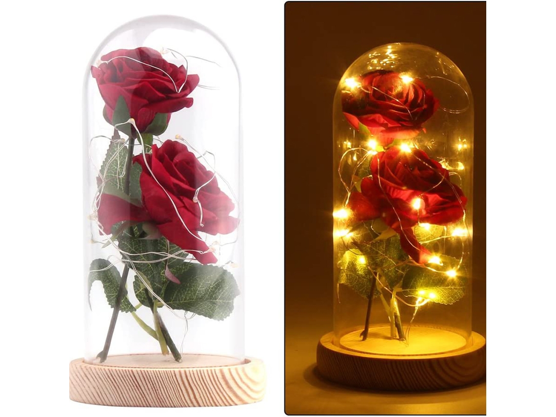 NEVEANCE Rosa encantada de La Bella y la Bestia, rosa eterna en cúpula de cristal, rosa de seda roja romántica iluminada, regalo para mujer, regalo perfecto pa