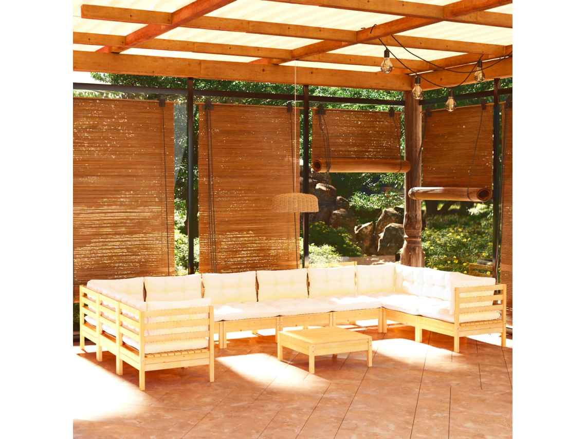 11 Pcs Conjunto Lounge De Jardim C/ Almofadões Cor Creme Pinho Dkd Home Decor