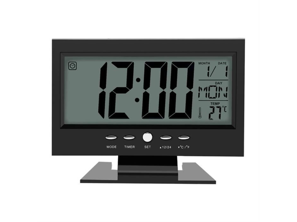 Reloj eléctrico despertador de mesa digital LCD con sensor de sonido, calendario y pantalla de temperatura, color negro