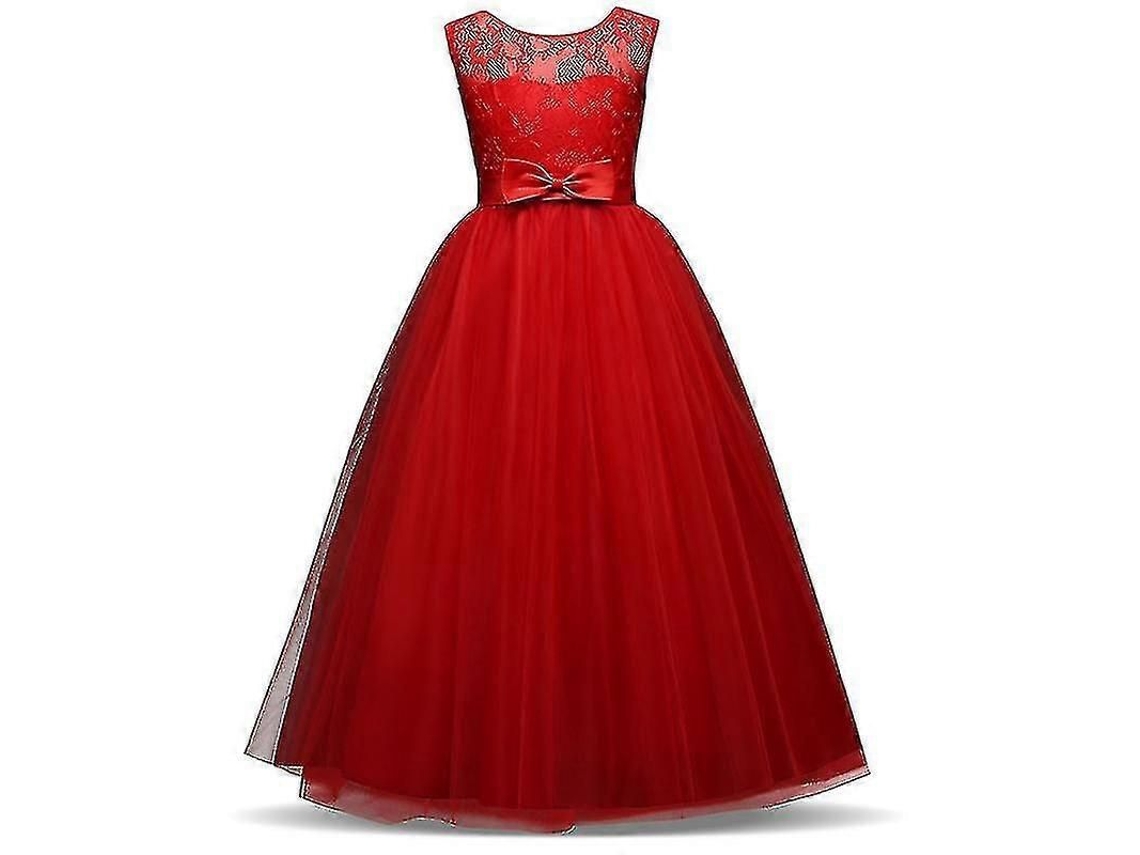 Vestido largo formal para niñas con cuello alto, decoración de encaje, tallas de 4 a 14 años, 7 Rojo 331
