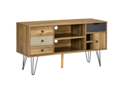 Mueble para televisores de hasta 50 pulgadas, con 4 cajones, 4 compartimentos y patas de metal negro.