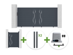 Puerta Corredera 3 M Life Alt. 140 Cm Gris + Puerta Peatonal 1 M Life Alt. 140 Cm Gris + 4 Postes Elda + Motorización Ranger C300