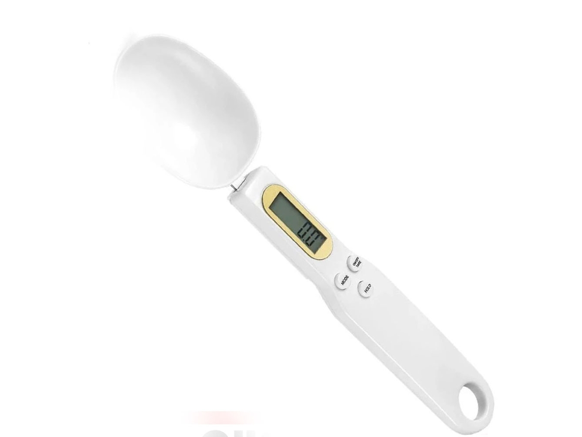 Báscula de cocina electrónica con pantalla y cuchara medidora