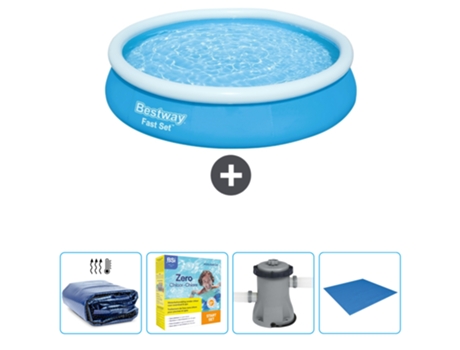 Piscina Hinchable Redonda Fast Set BESTWAY - 366 x 76 cm - Azul - Incluida Vela solar - Paquete de mantenimiento - Bomba - Suelo