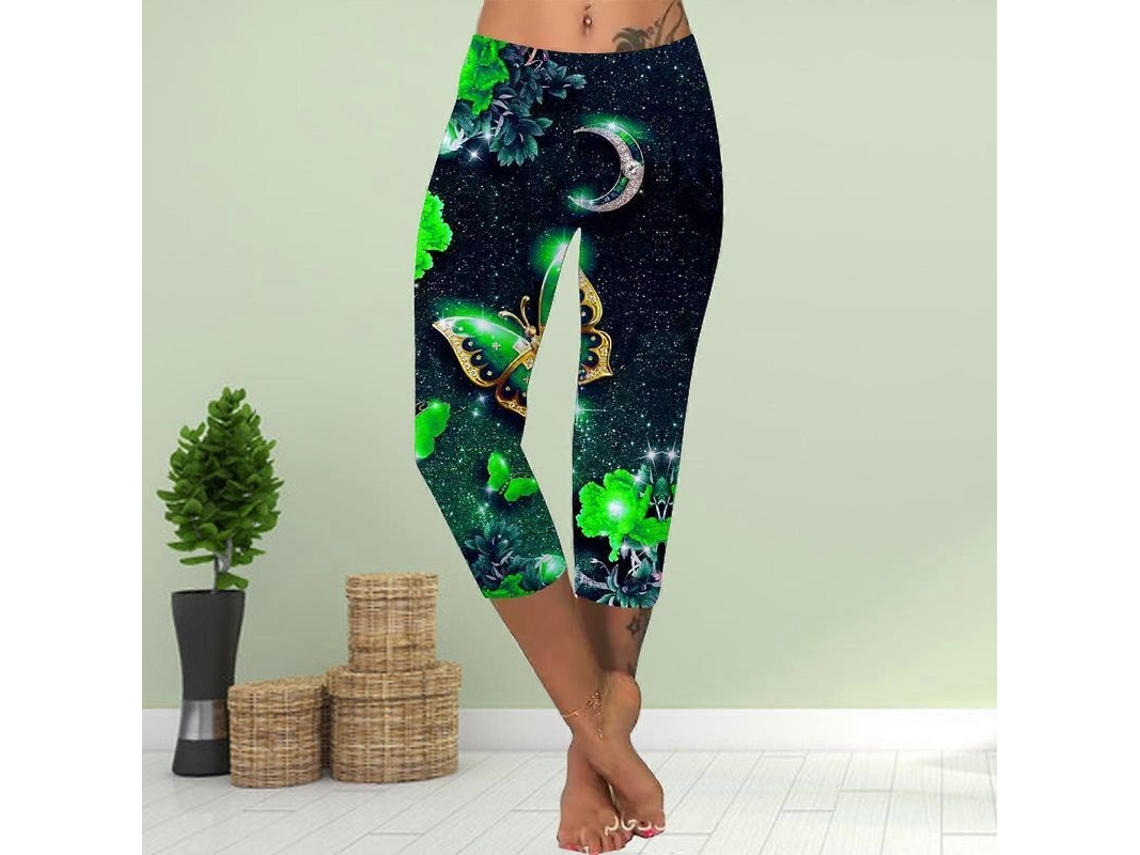 Leggings Cortos De Talla Grande Para Mujer Con Estampado De Luna Y Mariposa, Corte Ajustado, Estilo Veraniego.