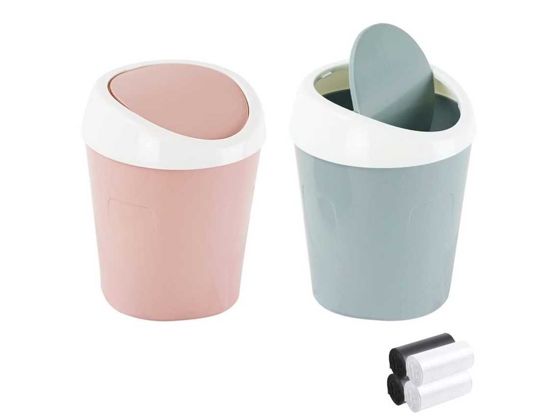 Mini Papeleras De Sobremesa Con Tapa Abatible Y 4 Rollos De Bolsas De Basura (azul, Rosa)