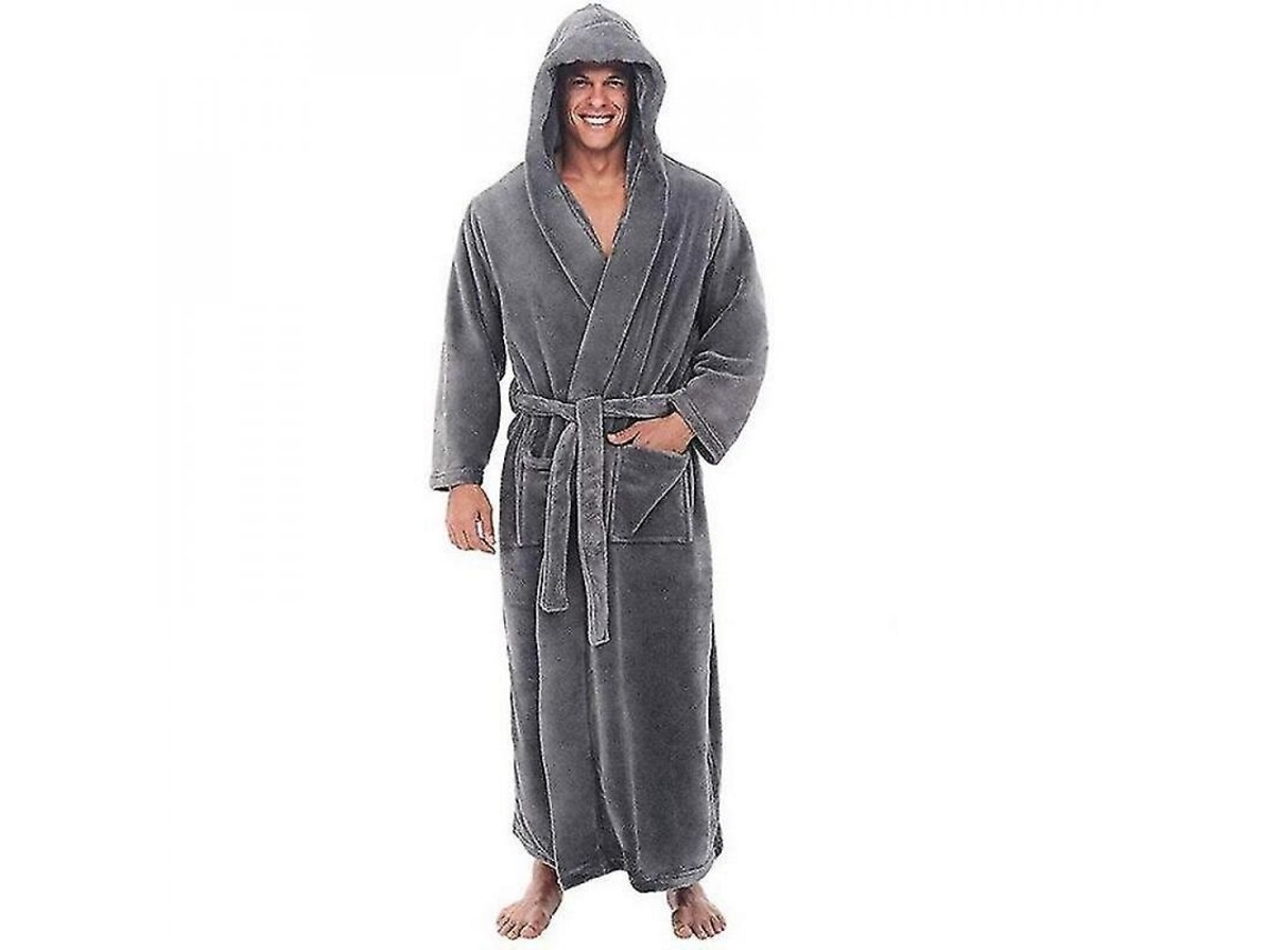 Bata de baño con capucha para hombre, gruesa y cálida, de forro polar, kimono largo de invierno/primavera, talla 4XL, gris.