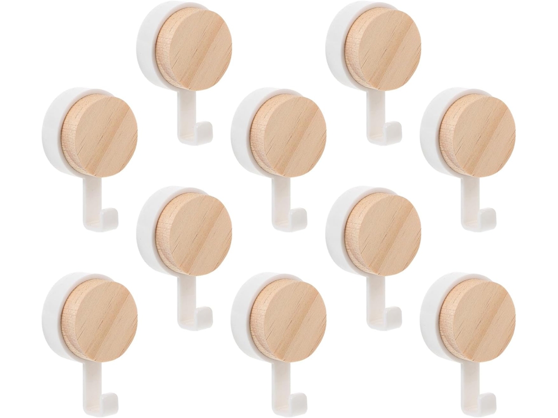Juego De 10 Ganchos De Pared Adhesivos De Madera Blanca,