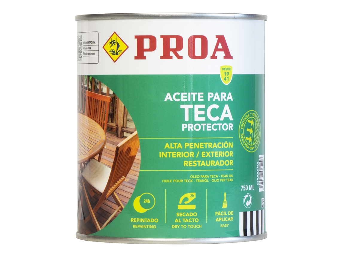Aceite para Teca PROA Teca 0,75L Protección y nutrición para la madera Renueva tus muebles de jardín Color teca
