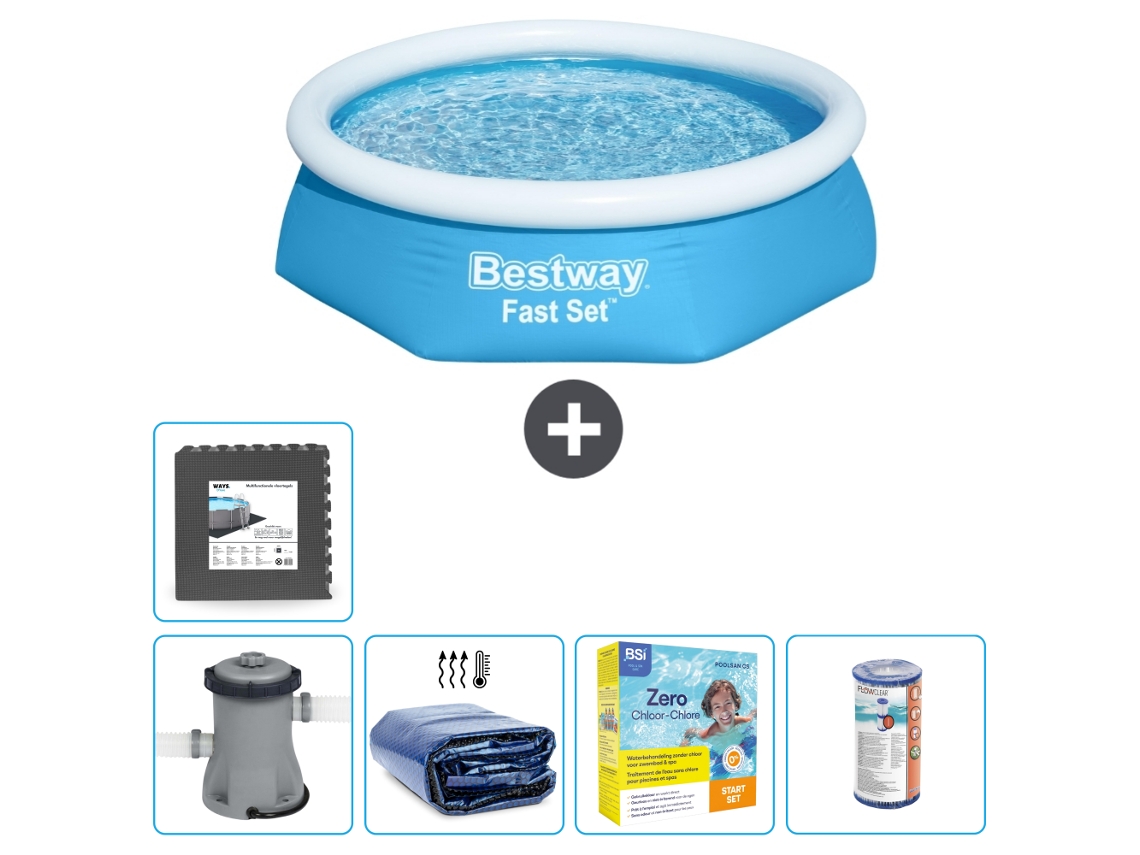 Piscina hinchable redonda Fast Set BESTWAY - 244 x 61 cm - Azul - Bomba incluida Vela solar - Paquete de mantenimiento - Filtrar - Baldosas