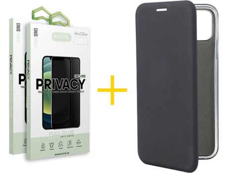 Kit Carcasa y Protector Cristal 2X Privacy Iphone 12 Pro Max Accetel Flip Cover Negro