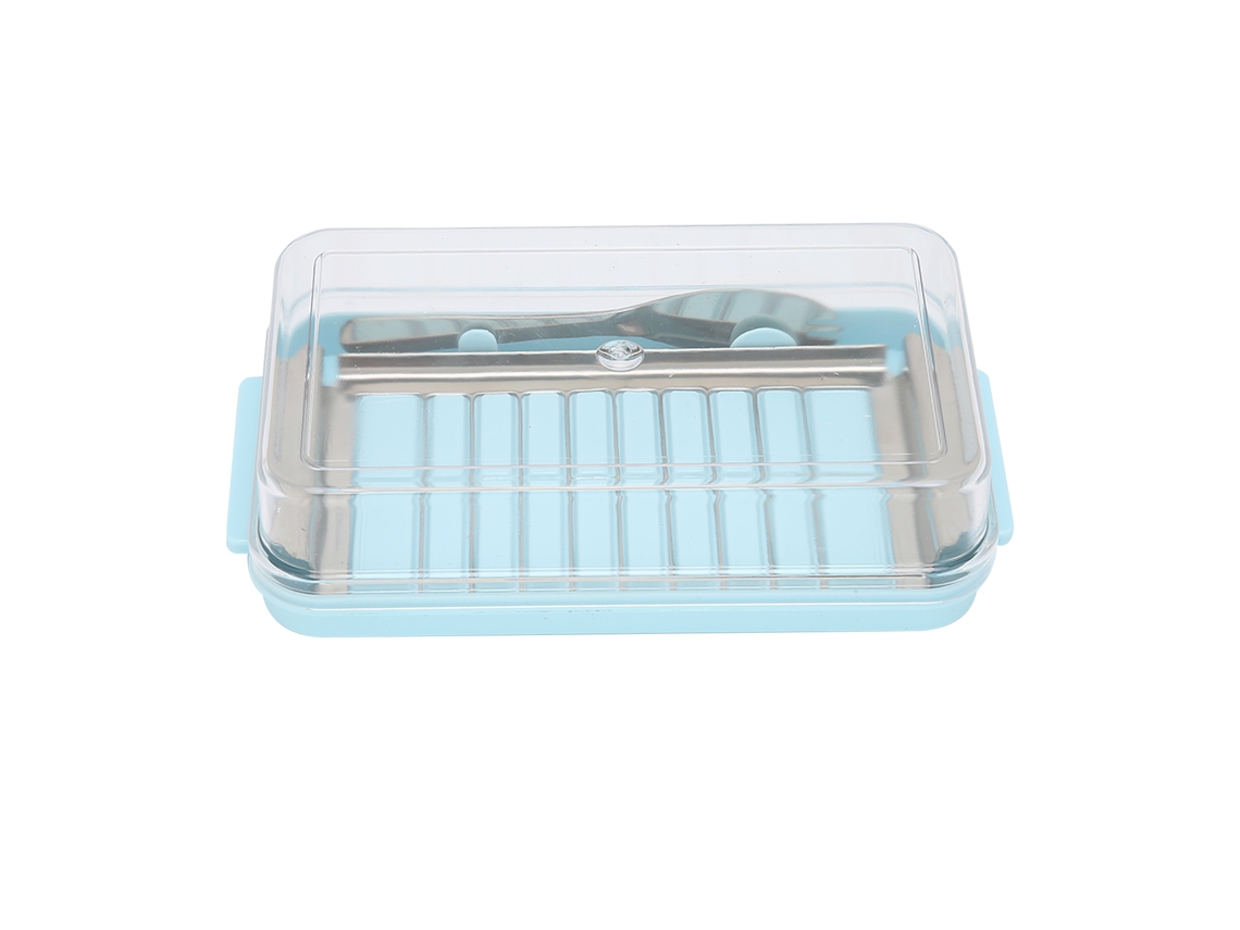 Caja cortadora de mantequilla de acero inoxidable con tapa transparente para cocina, chasis azul