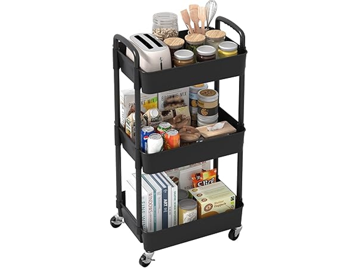 Carrito de cocina de tres estantes, multifuncional y con asas, ideal para oficinas, salones y cocinas.