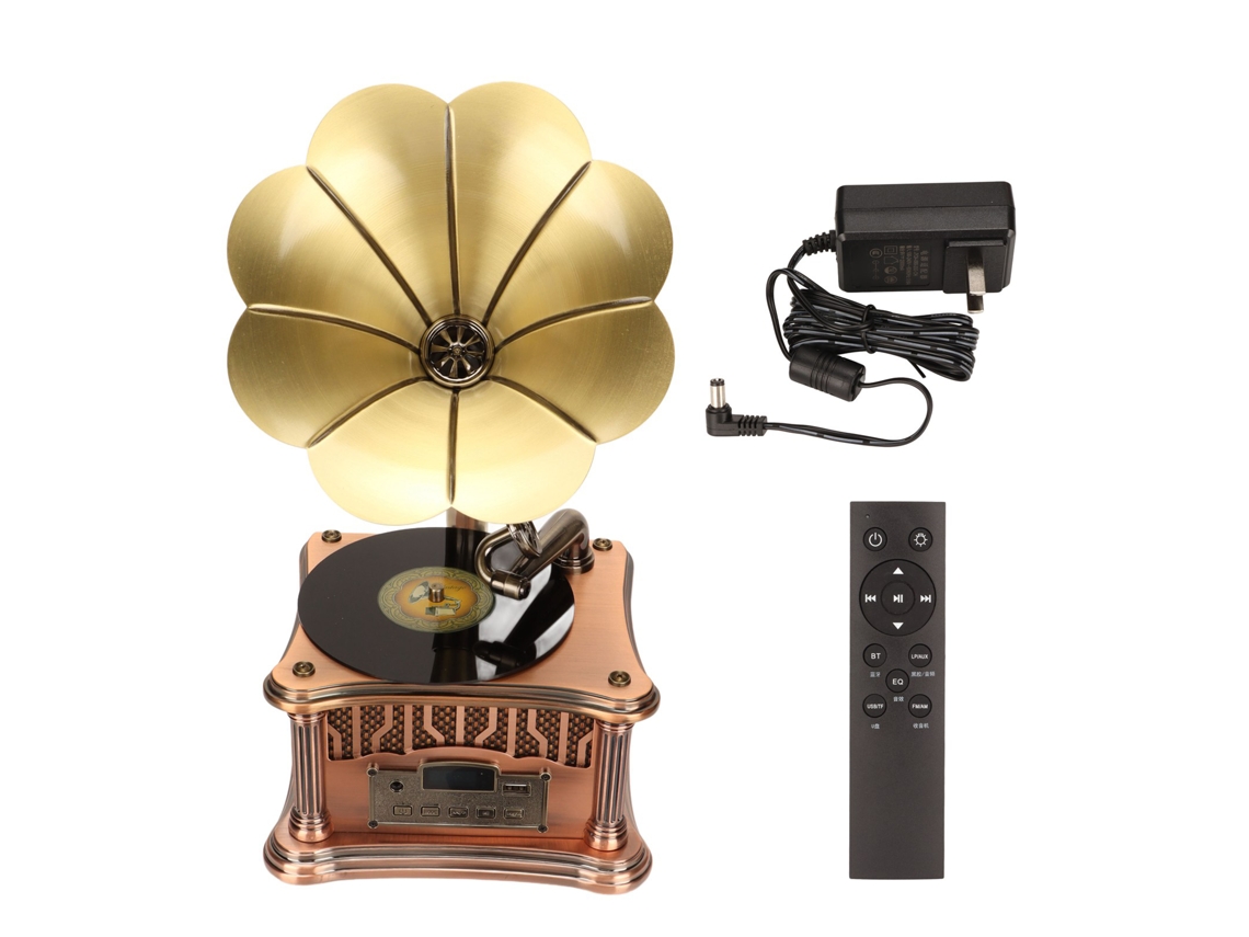 Mini Gramófono Retro Altavoz Bluetooth De Aleación Completa Tocadiscos Vintage De Bronce Rojo