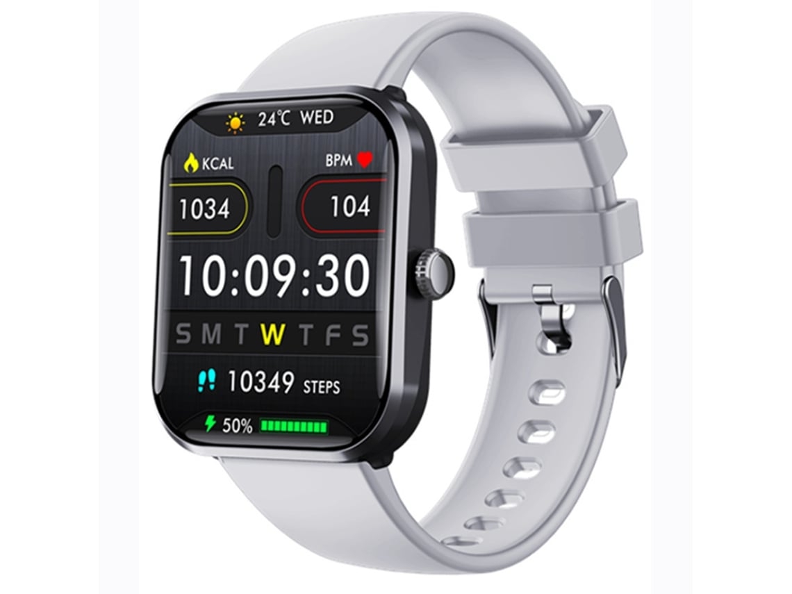 Reloj inteligente con monitoreo de frecuencia cardíaca, presión arterial y temperatura, notificaciones push y medición no invasiva de azúcar en sangre.