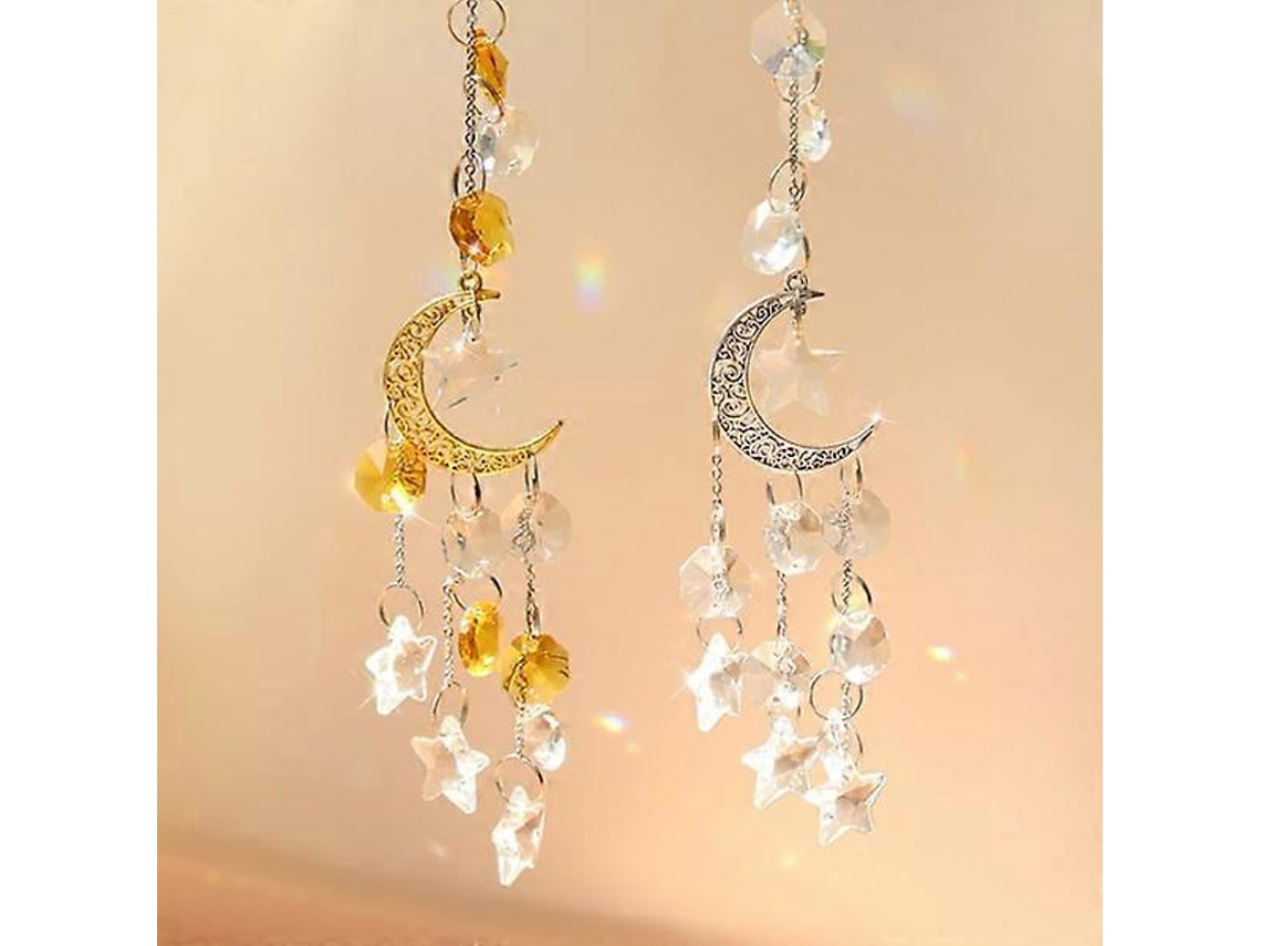 Conjunto de 2 atrapasoles de cristal, prisma arcoíris, luna dorada y plateada