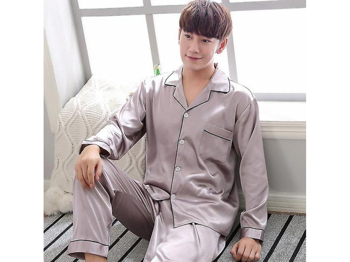 2026-conjunto De Pijamas De Seda Negra Para Hombre Jm Junemaist Manga Larga Tallas L Xl Xxl Xxxl Verano M Pijama Gris Para Hombre