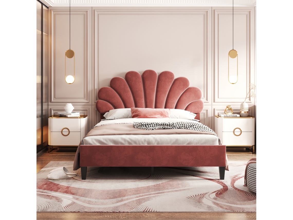 Cama Doble Tapizada En Terciopelo - 140x200 Cm - Cabecero En Forma De Flor - Con Somier De Láminas - Rojo