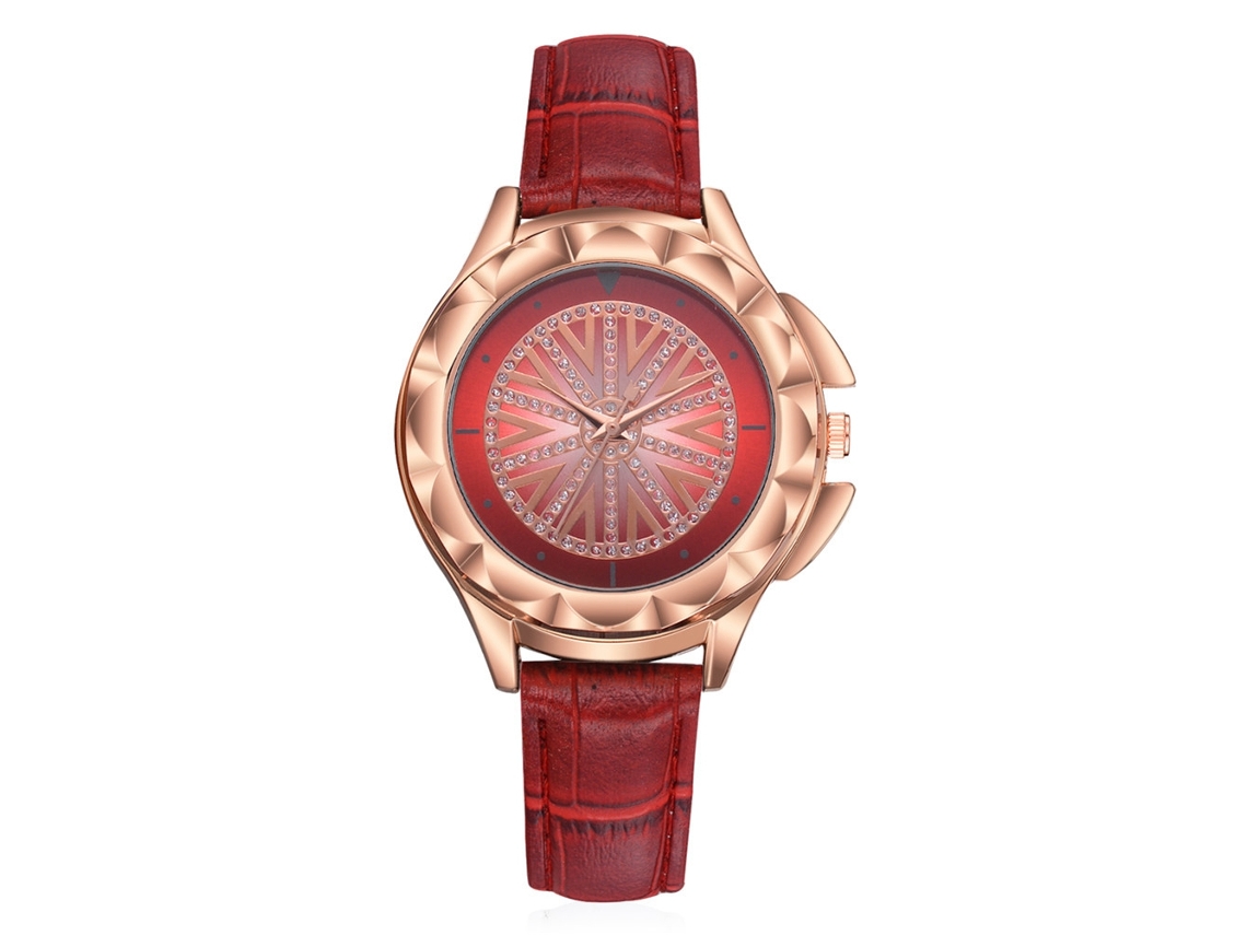 Reloj De Pulsera De Cuarzo Informal Para Mujer Con Cristales Y Correa Redonda De Piel Sintética (rojo)