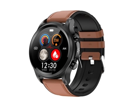 Smartwatch La correa de cuero con pantalla redonda HD E400 de 1,39 '' admite monitorización no invasiva de ECG y azúcar en la sangre (marrón)