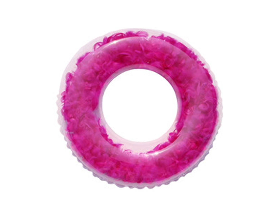 Flotador inflable transparente con lentejuelas y plumas, reforzado para piscina.