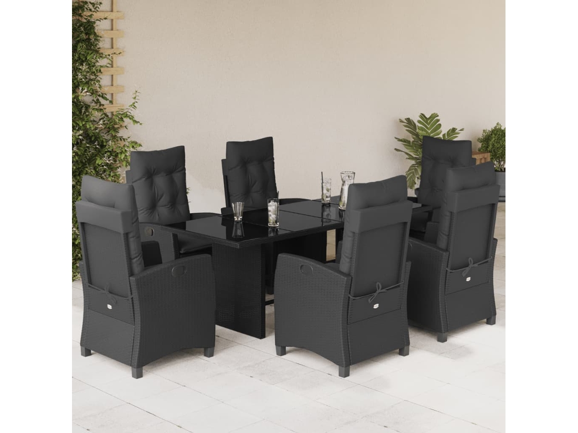 Juego de comedor de jardín de 7 piezas con cojines, mimbre sintético negro, DKD Home Decor