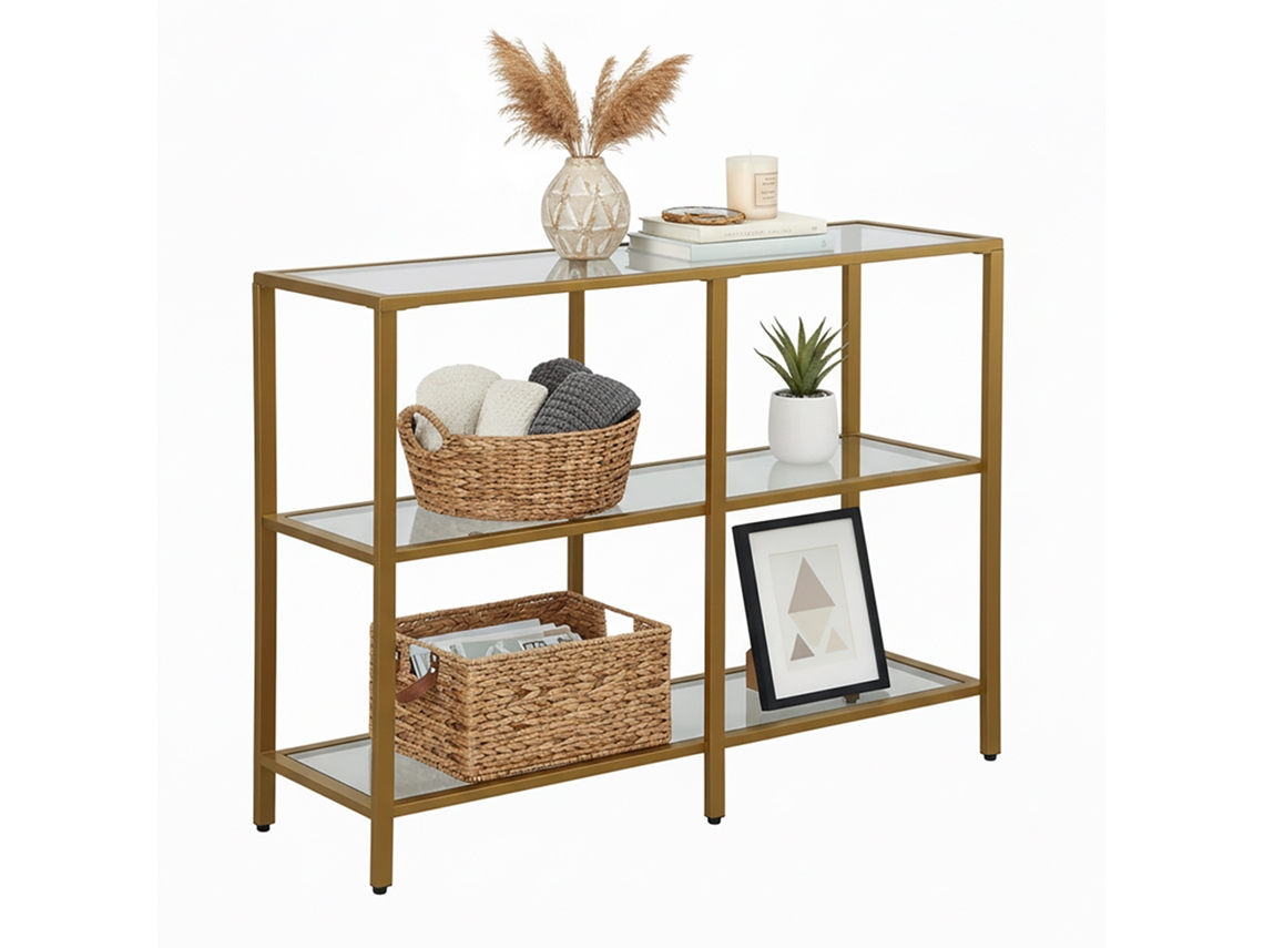 Mesa consola Relaxdays, Alto x Ancho x Profundidad: 73 x 100 x 30 cm, Metal, Cristal, Consola estrecha, Mesa de recibidor con 3 estantes.
