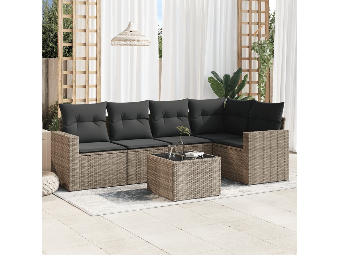 Conjunto de sofá de jardín de 6 piezas con cojines de mimbre gris, Dkd Home Decor