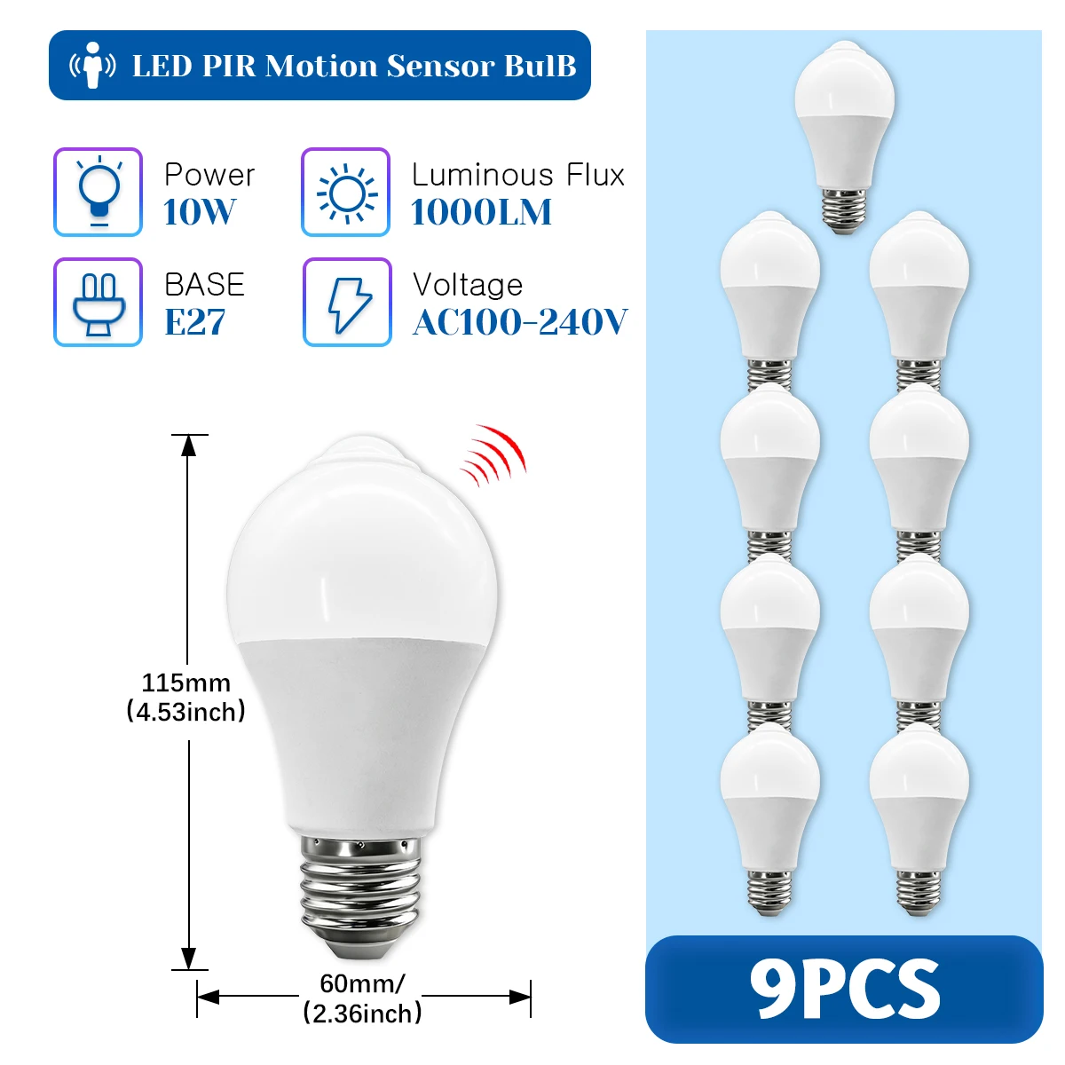 Bombillas Led Con Sensor De Movimiento Pir (9 Bombillas, Luz Natural De 4000k), Ideales Para Pasillos Y Entradas De Casas.