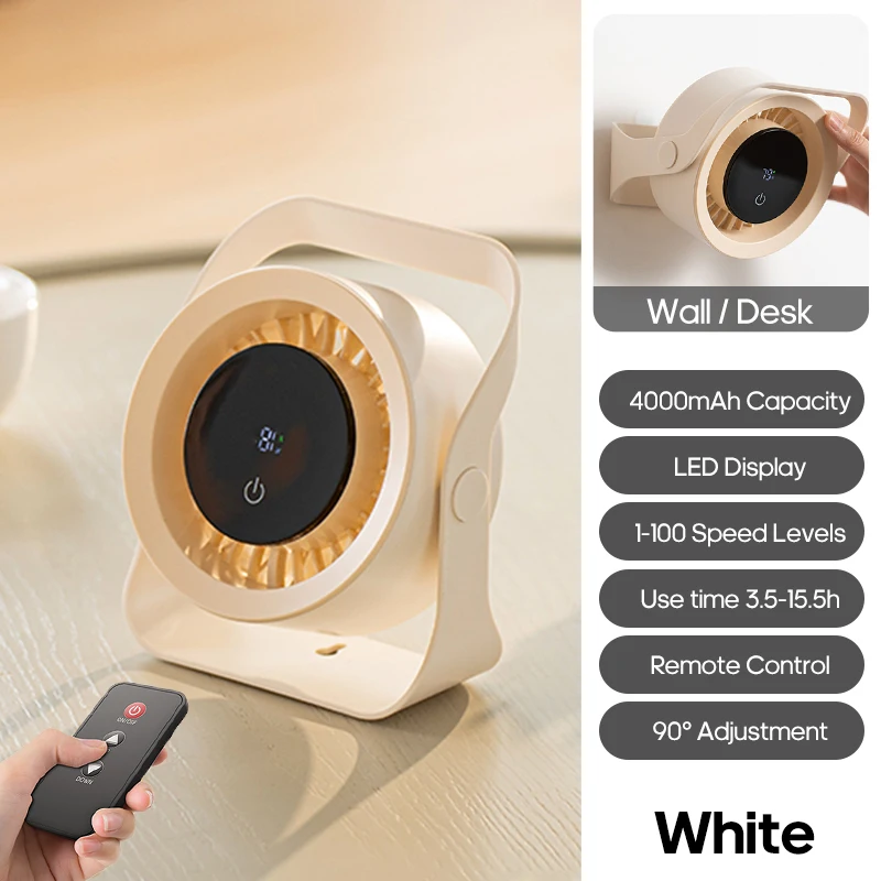 Ventilador De Pared Recargable De 4000 Mah (blanco), Ventilador De Escritorio Portátil, Con Control Remoto, Apto Para Uso En Exteriores.