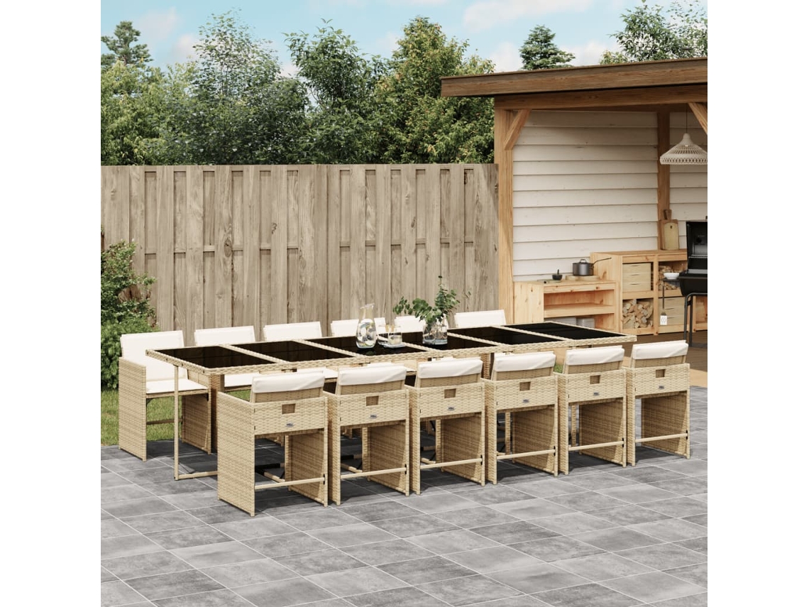 Juego de comedor de jardín de 13 piezas con cojines, mimbre sintético beige, DKD Home Decor