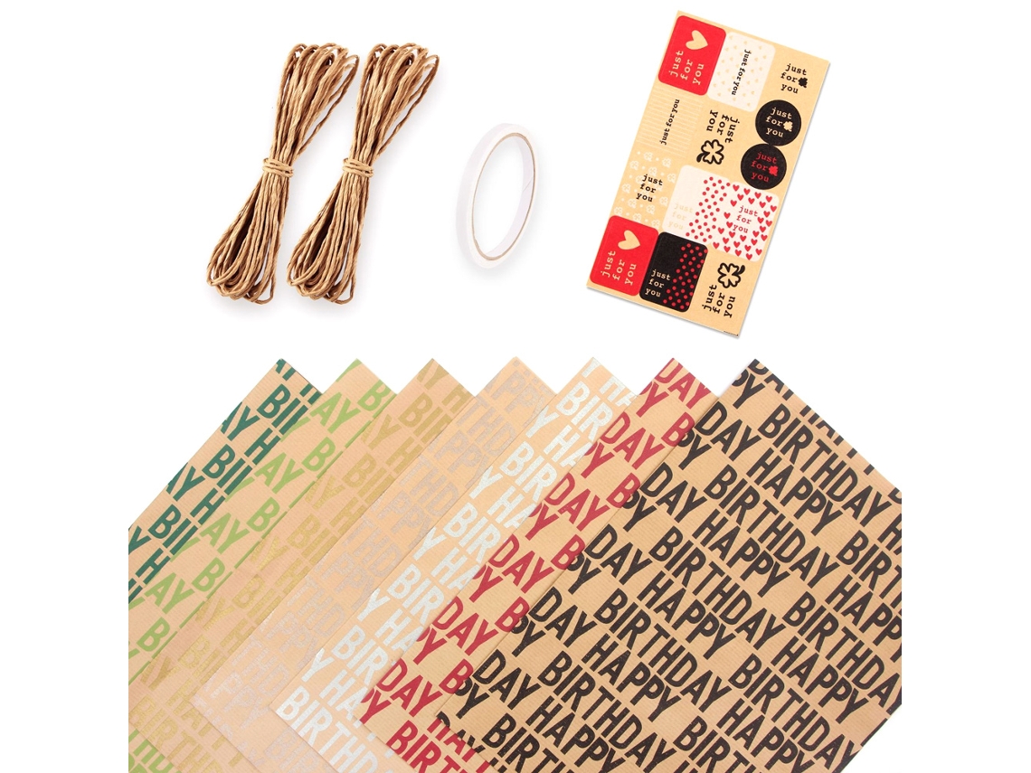 Papel de regalo de feliz cumpleaños, papel kraft ecológico, diseño multicolor