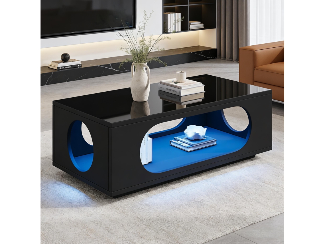 Mesa De Centro Con Led 100x50x35 Cm - Control Por App, Mdf, Alto Brillo, Capacidad De Almacenamiento, Diseño Perforado - Negro