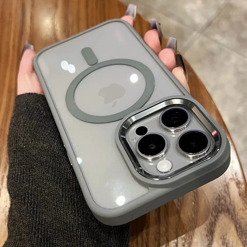(iphone 14 Pro, Gris) Funda Protectora Transparente Magnética Para Carga Inalámbrica Magsafe, Marco A Prueba De Golpes.