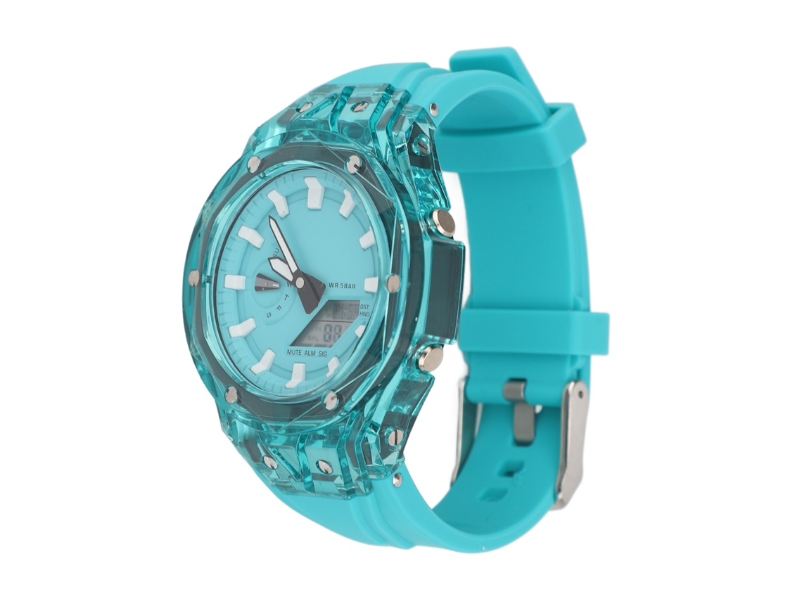 Reloj De Pulsera Digital Led, Resistente Al Agua Hasta 50 M, Cronómetro, Alarma, Parte Trasera Transparente Azul Laguna.