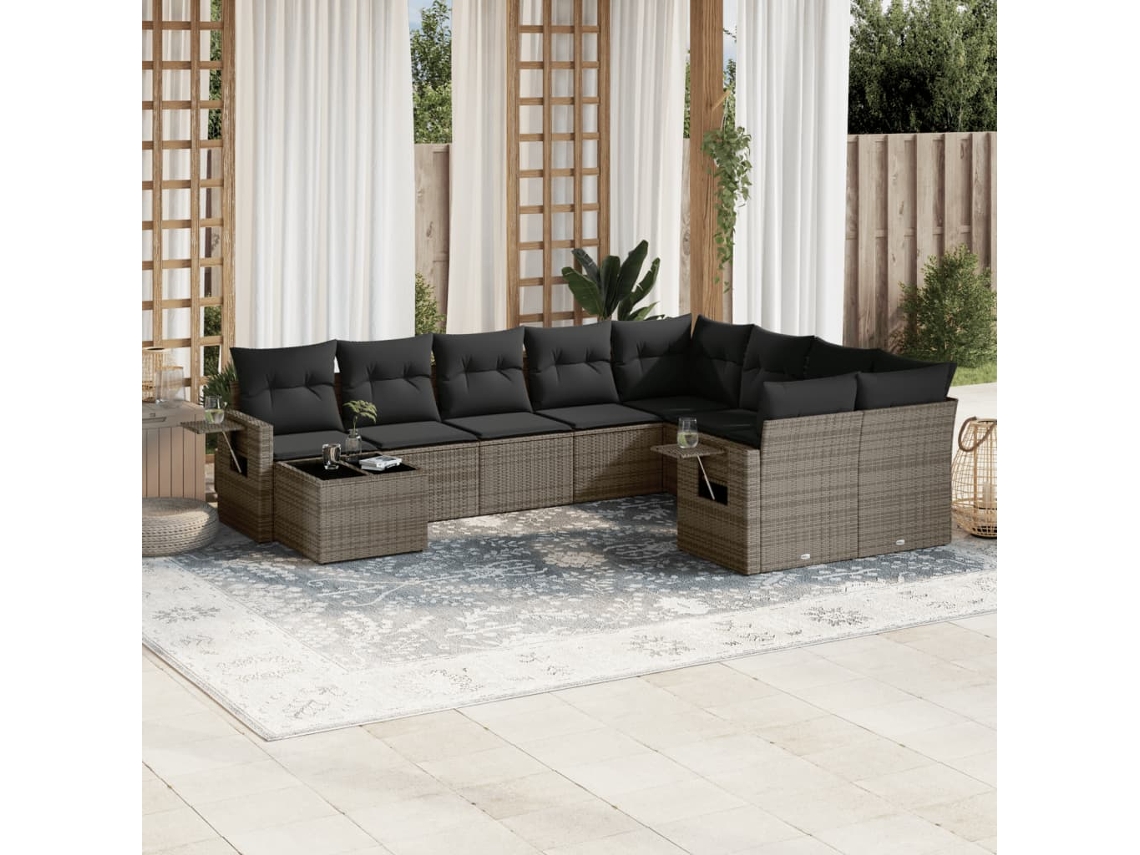 Conjunto de sofá de jardín de 10 piezas con cojines, ratán gris, DKD Home Decor