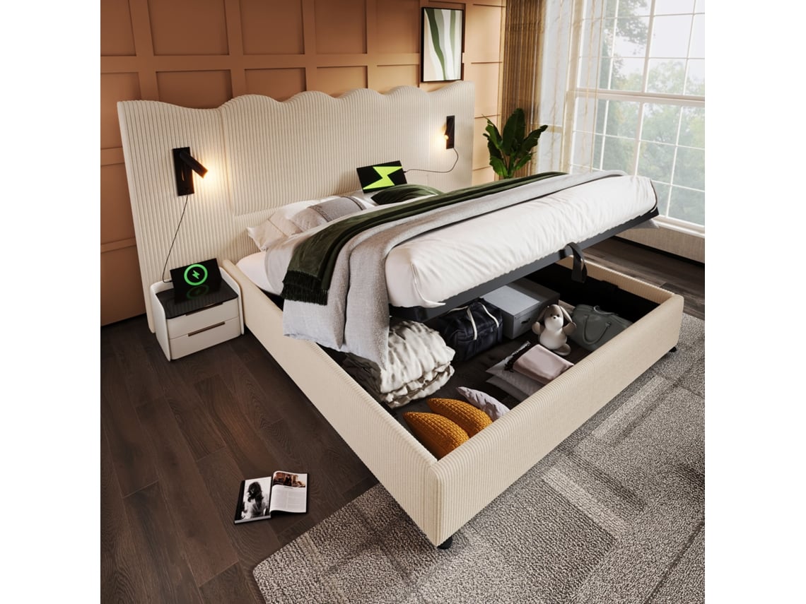 Cama 180x200 Cm Con Almacenamiento, Lámpara Lectura, Usb-c, Somier Madera Y Metal, Tapizada Pana Beige/blanca, Sin Colchón.