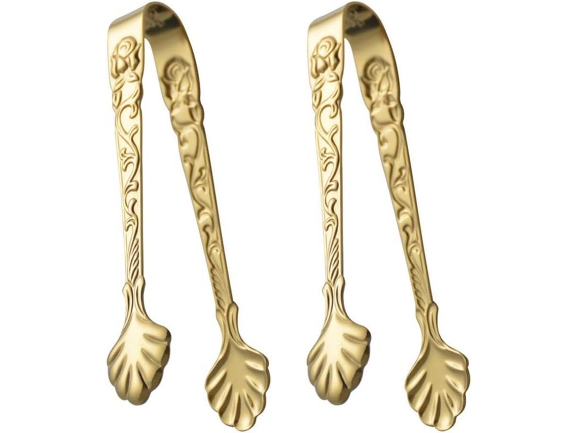 Pinzas para hielo Linjou de acero inoxidable, juego de 2 piezas para alimentos, cocinar y servir, antideslizantes, acabado dorado.