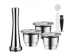 Cápsulas Nespresso Reutilizables De Acero Inoxidable Con 3 Cápsulas Y Accesorios Plateados.