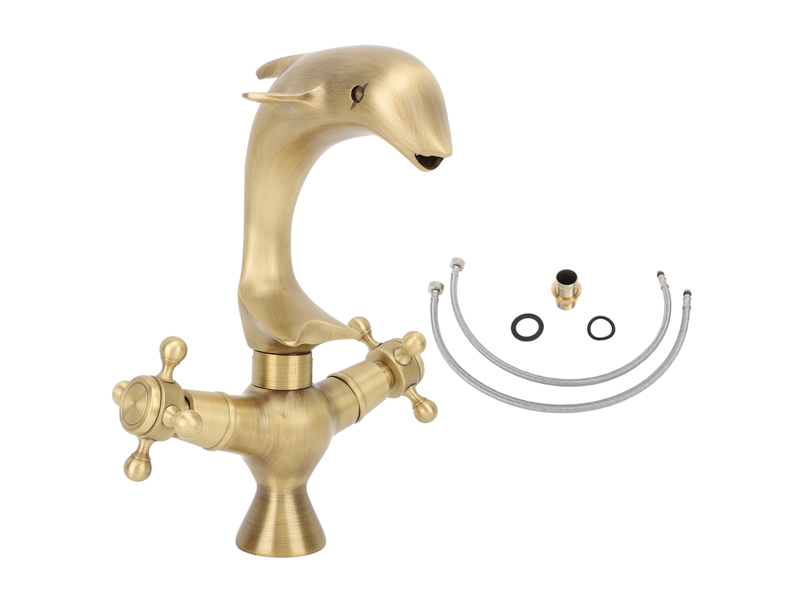 Grifo de lavabo de baño de cobre antiguo con diseño de delfín, mezclador de lavabo de doble palanca para cocina, baño y bañera.