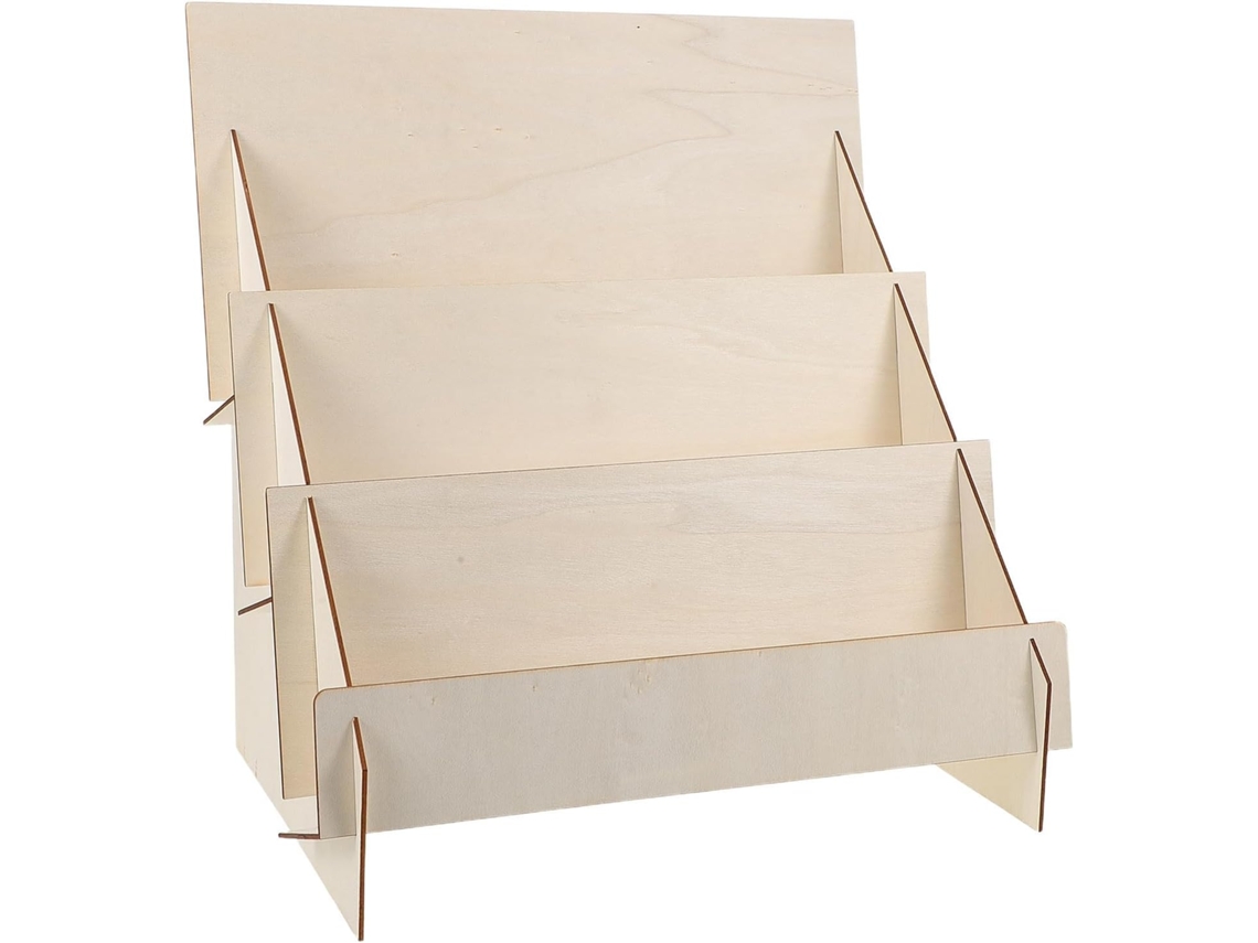 Expositor de madera natural de 3 niveles para postales y folletos. SFUSHOS