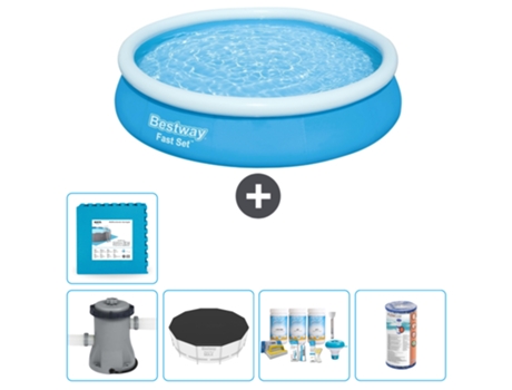 Piscina hinchable redonda Fast Set BESTWAY - 366 x 76 cm - Azul - Bomba incluida Cubrir - Paquete de mantenimiento - Filtrar - Baldosas