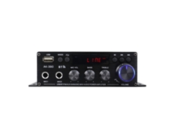 Mini amplificador de audio de 2 canales 40W+40W con Bluetooth, USB, FM y control remoto para coche y hogar.
