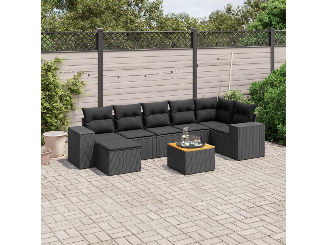 Conjunto de 8 sofás de jardín con cojines de mimbre sintético negro, Dkd Home Decor