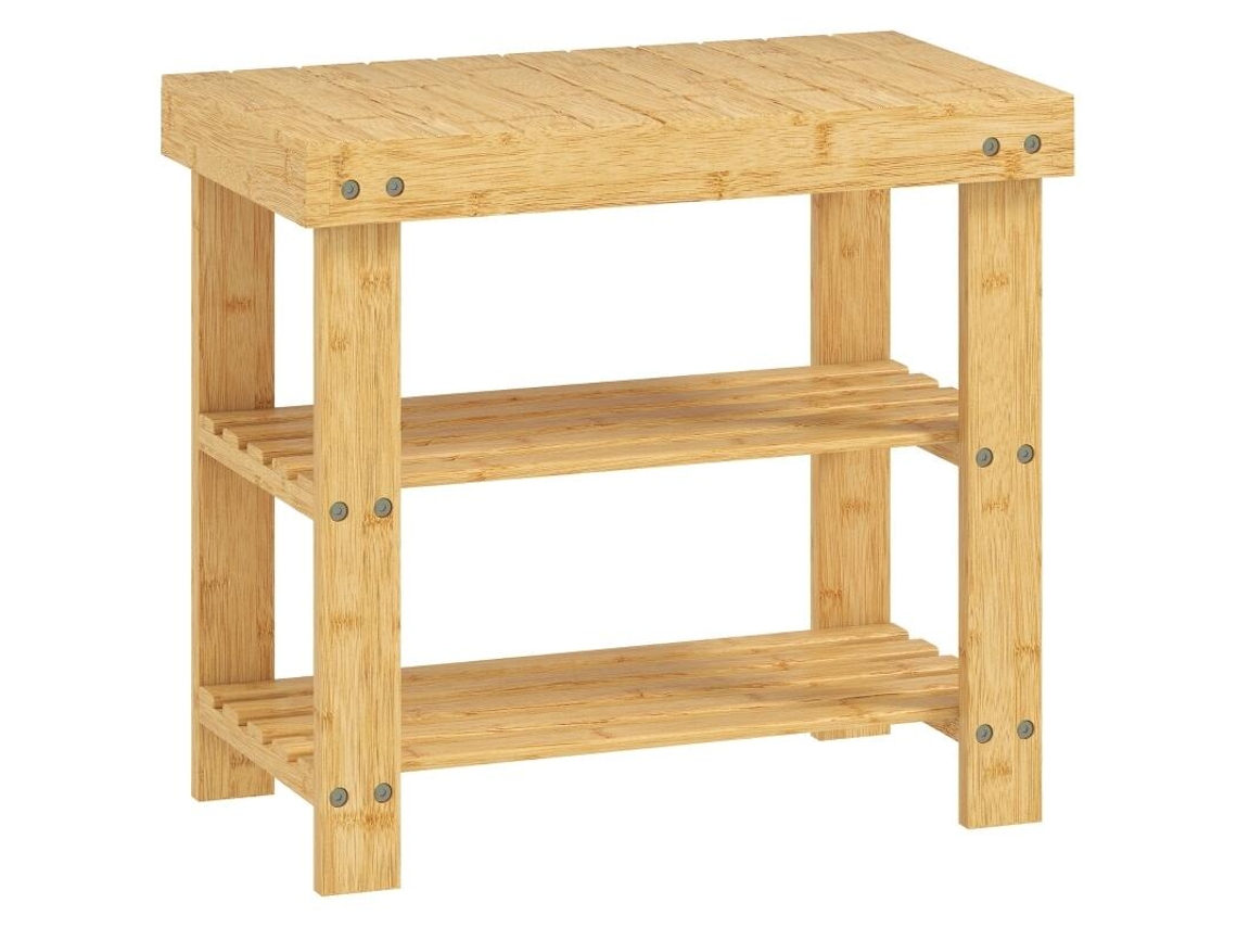Banco Zapatero De Bambú, Zapatero Con 2 Estantes, Asiento, Para Entrada, 50x28x45cm, Natural.