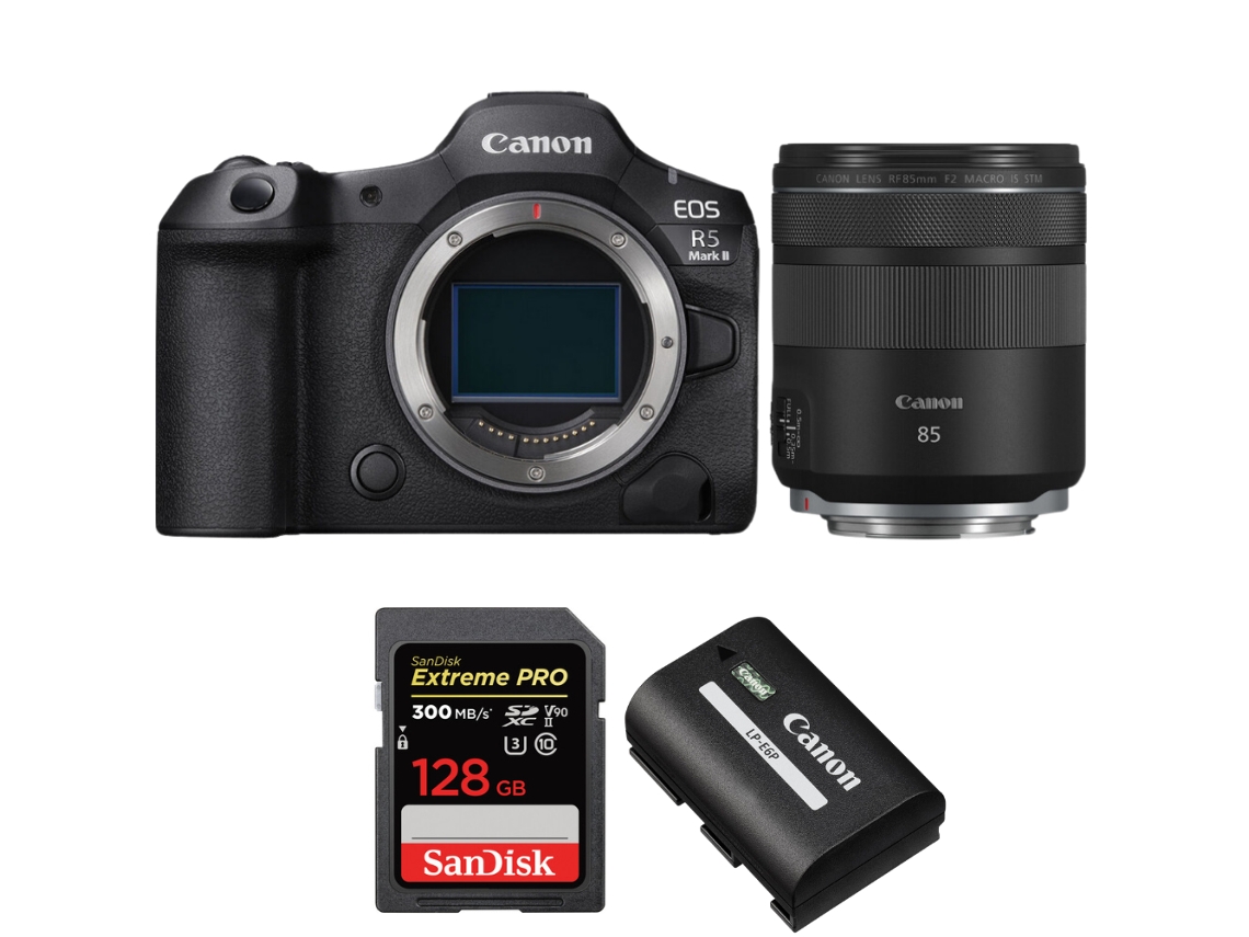 Canon Eos R5 Mark Ii + Rf 85mm F/2 Macro Is Stm + 1 Sandisk 128gb Uhs-ii 300mb/s + 1 Canon Lp-e6p + Ebook “20 Consejos Para Fotos Que Impactan”